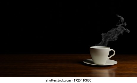 White steam over a white coffee cup on brown wooden table (3D Rendering) - Powered by Shutterstock