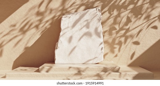 White stone plate product podium on beige concrete background with leaf shadows. Minimal cosmetic product stone slab platform background. 3D rendering mock-up scene.