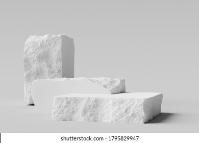 White Stone plates with rough textured edges, broken stone slabs podiums. 3d  rendering.