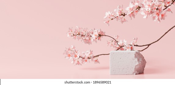 White stone podium, Cosmetic display stand with blossom flowers on pink background. 3D rendering 