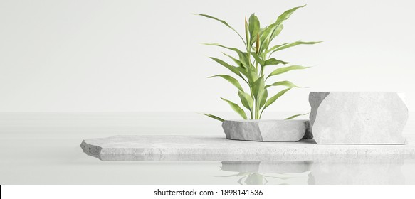 White Stone Podium, Cosmetic Display Product Stand With Water Reflection And Nature Leaves Background. 3D Rendering