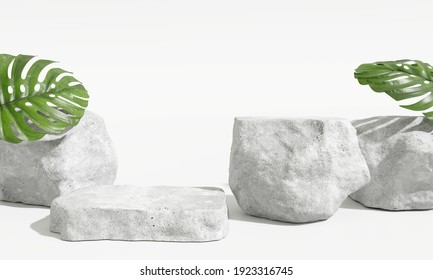 White stone podium, Cosmetic display product stand with monstera leaf on white background. 3D rendering	