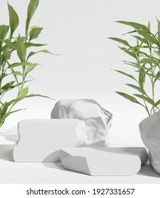 White stone podium, Cosmetic display product stand with  nature leaves background. 3D rendering
