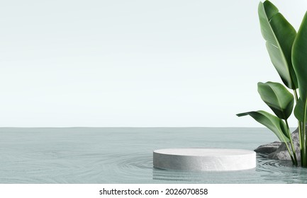 White stone podium, Cosmetic display product stand with water reflection and nature leaves background. 3D rendering