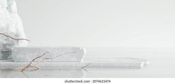 White stone podium  Cosmetic display product stand and water reflection background  3D rendering