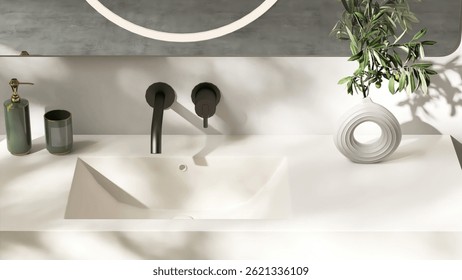 Contador blanco del cuarto de baño de la vanidad del cuarzo de piedra, grifo negro, espejo Grande con la luz llevada en la luz del sol para la belleza moderna, lujosa, cosmética, cuidado de la piel, fondo del producto de los artículos de tocador 3D