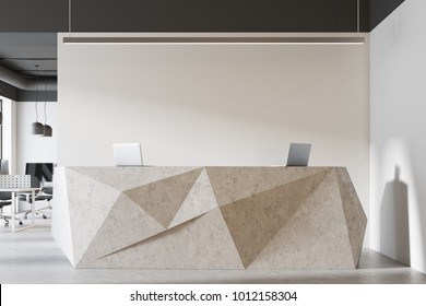 White Stone Reception In A Modern Office With A Concrete Floor And White Walls. Rows Of Computer Desks. A Close Up 3d Rendering Mock Up