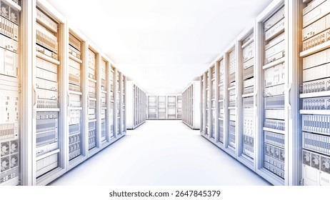 White storage and processing unit, large AI processing server room, data center storage and network processing room, SSD and hard disk drive storage, and processor cooling system,3D rendering