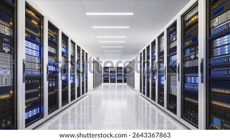 White storage and processing unit, large AI processing server room, data center storage and network processing room, SSD and hard disk drive storage, and processor cooling system,3D rendering