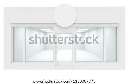 White Storefront blank showcases. Empty new shop interior, clean signboard copy space, mock up design store interior, 3d render.