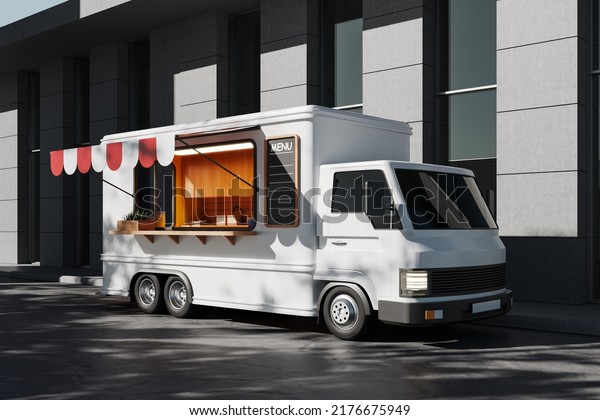White street food truck with kitchen, modern\
van with cooking area and menu, side view. Concept of local city\
food. 3D rendering