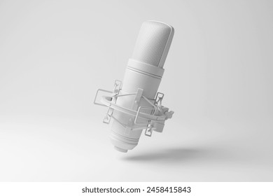 White studio condenser microphone floating in mid air in monochrome and minimalism. 3D illustration of the concept of recording studios for music production and vocals - Powered by Shutterstock