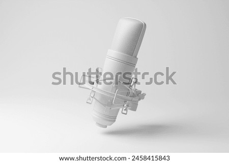 White studio condenser microphone floating in mid air in monochrome and minimalism. 3D illustration of the concept of recording studios for music production and vocals