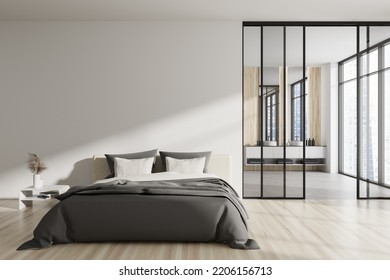 White Studio Flat Interior With Bedroom And Double Sink Behind Glass Doors, Panoramic Window On Singapore Skyscrapers. Mockup Copy Space Wall. 3D Rendering