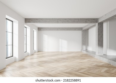 White Studio Interior With Hardwood Floor, Front View, Empty Open Space Hall In Apartment With Panoramic Window On Singapore City View. No Furniture, No People. 3D Rendering