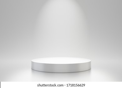 White Studio Template And Round Shape Pedestal On Simple Background With Spotlight Product Shelf. Blank Studio Podium For Advertising. 3D Rendering.