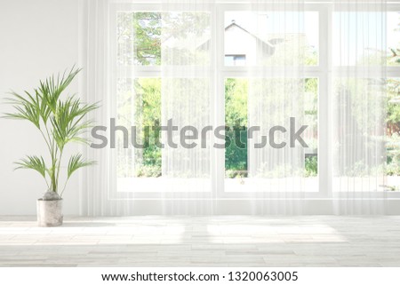 White stylish empty room with summer landscape in window. Scandinavian interior design. 3D illustration