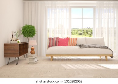 White stylish minimalist room in hight resolution with sofa and summer landscape in window. Scandinavian interior design. 3D illustration - Shutterstock ID 1310282062
