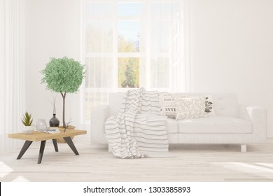 White stylish minimalist room with sofa. Scandinavian interior design. 3D illustration - Shutterstock ID 1303385893