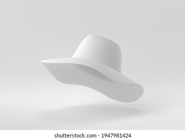 White Sun Hat Floating In White Background. Minimal Concept Idea Creative. Monochrome. 3D Render.