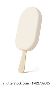 White Sundae Ice Cream Bar On Wood Stick Isolated On White Background. 3d Rendering Illustration.