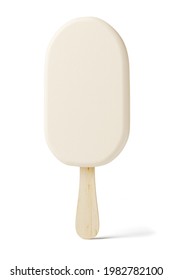 White Sundae Ice Cream Bar On Wood Stick Isolated On White Background. 3d Rendering Illustration.