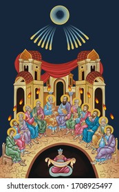 White Sunday. The descent of the Holy Spirit upon the Apostles. Pentecost illustration in byzantine style