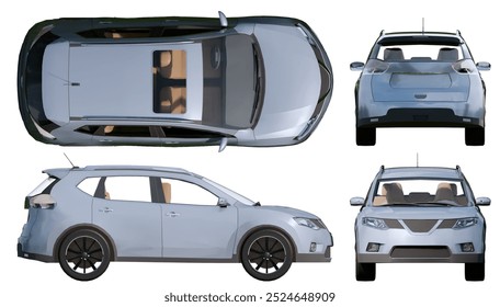white SUV car different view isolated on white studio background, top front back and side view