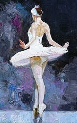 White Swan, Young Ballerina In A Lush Ballet Tutu Dancing During The Performance, The Background Is Dark. Oil Painting On Canvas.                             