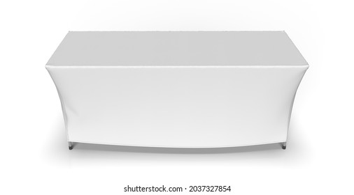 White Table Cloth Box Fit Stitched Exhibition Adjustable Runner Isolated On White Background. 3D Render Illustration. Front Perspective View.