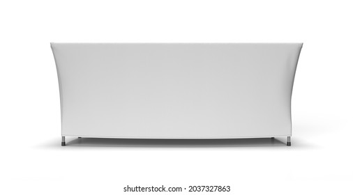 White Table Cloth Box Fit Stitched Exhibition Adjustable Runner Isolated On White Background. 3D Render Illustration. Front View.