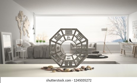 White table shelf with bagua and pebble stone, white scandinavian bedroom with big panoramic window, zen concept interior design, feng shui template idea background, 3d illustration