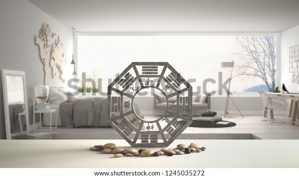 White table shelf with bagua and pebble stone, white scandinavian bedroom with big panoramic window, zen concept interior design, feng shui template idea background, 3d illustration