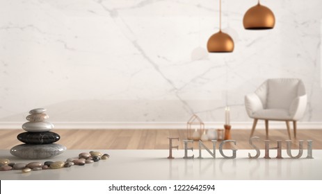 White table shelf with pebble balance and 3d letters making the word feng shui over empty room with marble wall, white armchair, candles and decor, zen concept interior design, 3d illustration