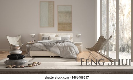 White Table Shelf With Pebble Balance And 3d Letters Making The Word Feng Shui Over Modern White And Wooden Bedroom In Contemporary Apartment, Zen Concept Interior Design, 3d Illustration