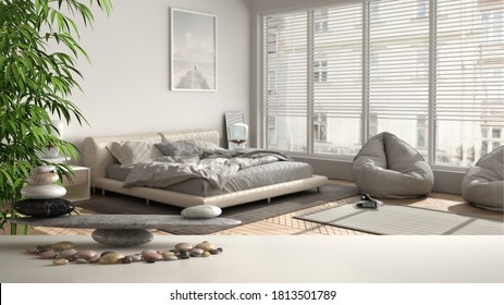 White Table Shelf With Pebble Balance And 3d Letters Making The Word Feng Shui Over Modern Bedroom With Panoramic Window, Marble Tiled Floor, Zen Concept Interior Design, 3d Illustration