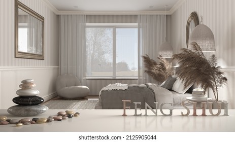 White table shelf with pebble balance and 3d letters making the word feng shui over over classic bedroom with wallpaper and woodwork, zen concept interior design, 3d illustration