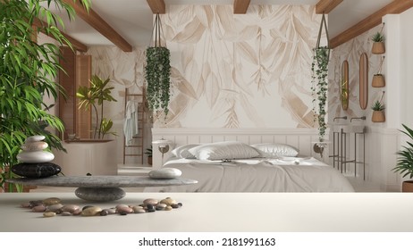 White Table Shelf With Pebble Balance And 3d Letters Making The Word Feng Shui Over Bohemian Wooden Bedroom And Bathroom In Boho Styles. Bed And Bathtub, Zen Concept Interior Design, 3d Illustration