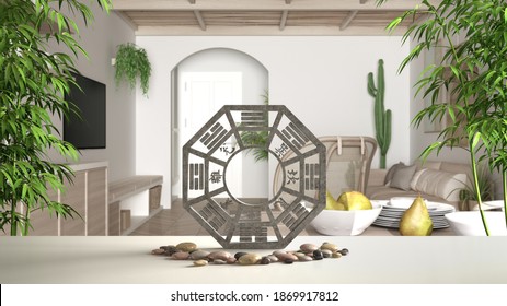 White table shelf with pebble stone and bamboo plants, minimalist white and wooden kitchen, dining room, zen concept interior design, feng shui template idea background, 3d illustration