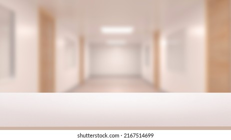 White Table Top Or Counter On Blurred Hallway Background. For Product Display. 3d Illustration.