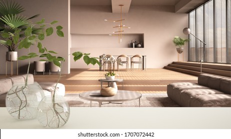 White Table Top Or Shelf With Glass Vase With Hydroponic Plant, Ornament, Root Of Plant In Water, Branch In Vase, House Plant, Grunge Living Room With Sofa Background, Interior Design, 3d Illustration