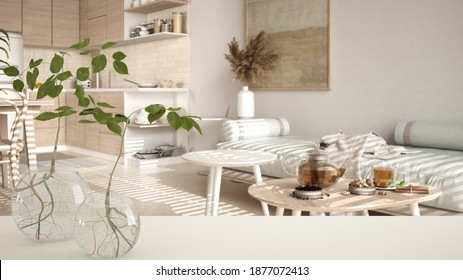 White Table Top Or Shelf With Glass Vase With Hydroponic Plant, Ornament, Root Of Plant In Water, Branch In Vase, House Plant, Kitchen With Living Room Background, Interior Design, 3d Illustration