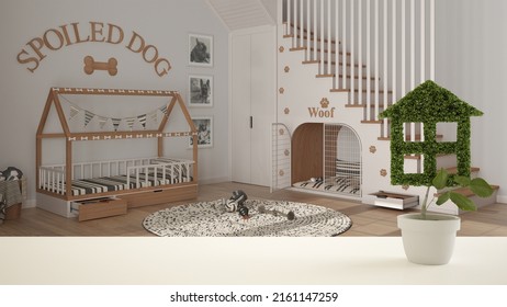 White Table Top Or Shelf With Green Plant In Pot Shaped Like House, Pet Friendly Dog Room With Dog Bed Background, Interior Design, Real Estate, Eco Architecture Concept Idea, 3d Illustration