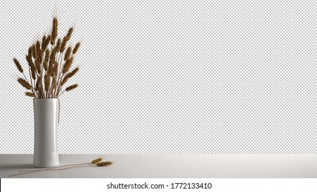 White table top or shelf with pottery vase with straws, dry plants, ornament, ears, grass, still life, sheaf, branch in vase, isolated on transparent background, interior design, 3d illustration