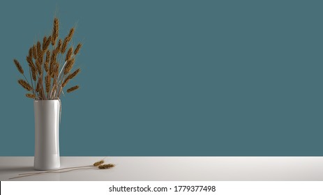 White Table Top Or Shelf With Pottery Vase With Straws, Dry Plants, Ornament, Ears, Grass, Still Life, Sheaf, Branch In Vase, House Plant, Blue Background, Modern Interior Design, 3d Illustration