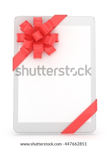 White tablet with red bow and empty screen. 3D rendering.