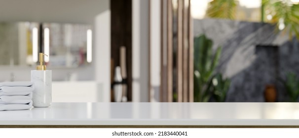 White Tabletop With Towels, Shampoo Bottle And Copy Space For Montage Your Product Display Over Blurred Modern Bathroom In The Background. Close-up Image. 3d Rendering, 3d Illustration