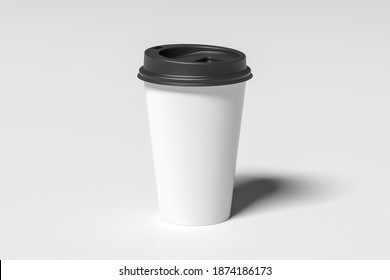 White Take Away Coffee Paper Cup Mock Up With Black Lid On White Background. 3d Render