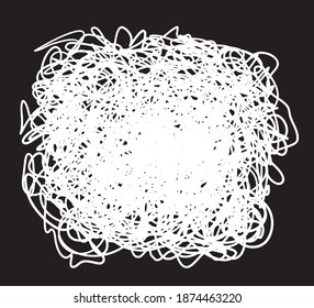 White tangled shape on isolated black background. Chaotic lines. Tangle doodle. Black and white illustration