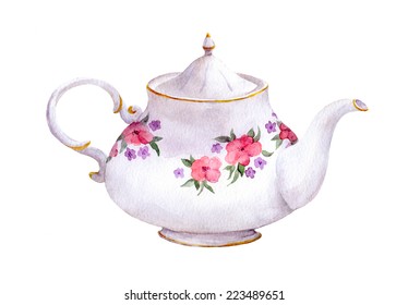 White Tea Pot With Flowers. Watercolor